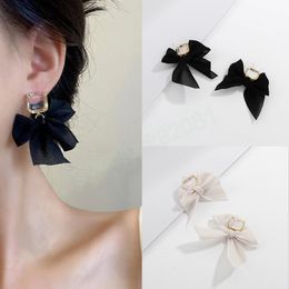 Fashion Black White Bowknot Stud Earrings For Women Girls Sweet Lace Fabric Bow Earrings Wedding Party Jewellery Gifts