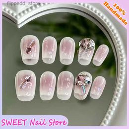 False Nails Pink Wearable Nails Tips Handmade Press on Nails Stickers Finished Diamond Accessories Color Short Nail Medium Ballet Q231114