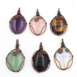 Pendant Necklaces XSM Natural Stone Pendants Antique Copper Plated Wire Winding Oval Shape Amulet Necklaces' Reiki Healing Jewellery