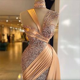 Mermaid Sparkle Gold Evening Dresses With Over Skirt Sequin Pleat Short Prom Gowns High Collar Ladies Sexy Vestido De Novia