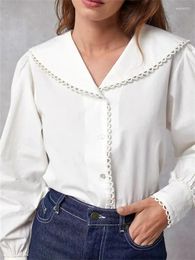Women's Blouses Shirt For Women 2023 Cotton Sailor Collar Single Breasted Embroidery Trim Casual Solid Long Sleeve