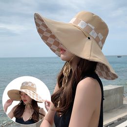 Designer Checked Foldable Bucket Hat Double Sided Wear Fashion Ladies Summer Fishing Cap Wide Brim Bamboo Hats Womens Beach Sun Visor Black Yellow Beige Pink Khaki