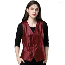 Women's Leather PU Vests Fashion Waistcoat V Neck Sleeveless Vest Coat 2023 Spring Autumn Lined Jacket Tops Female Red Black