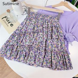 Skirts Sutimin Summer Women Skirts Shorts A-line Floral Printed Ruffle High Waist Skirts Women Cute Sweet Girls Dance Mini Skirt Kawaii 230414