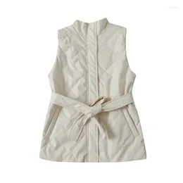 Women's Vests Medium-long Cotton Vest Fashion Waist Tie Warm Zipper PU Leather Jacket 15854