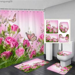 Shower Curtains Butterfly Flowers Shower Curtain Set Yellow Blue Plants Natural Scenery Bathroom Decor Carpet Floor Rugs Toilet Cover R231114