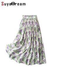 Skirts SuyaDream Long Pleated Skirt for Woman 100%Real Silk Floral Printed Elastic Waist Chiffon Skirts Spring Summer Bottoms 230414