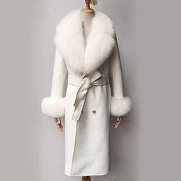 Womens Fur Faux Real Fox Collar Women Long Wool blended Coat Sleeve With Cuff Fashion Slim Female Winter Cashmere Jacket 231113