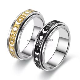 Stainless Steel Rotatable Spinner Anxiety Relief Ring Sun Star Moon Rings for Women Men Finger