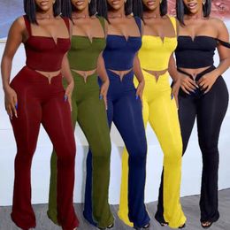 Women's Two Piece Pants Summer Fashion Sexy Women Wear Pure Colour Small V Navel High Waist Stretch Micro-pull Overall Suit Temperament