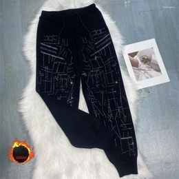 Women's Pants High Waist Black Fleece Knitted Elastic Shiny Rhinestones Thick Sweatpants Casual Loose Jogger's Stretchy Trousers Unisex