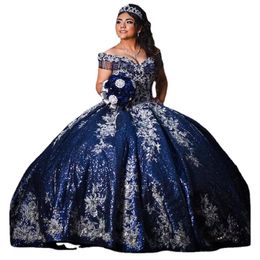 Dark Navy Quinceanera Dresses For Sweet 16 Princess Gown Beading Sequined Birthday Party Dresses Vestido De 15 Anos