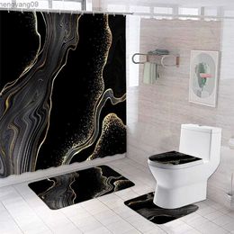 Shower Curtains Black Marble Shower Curtain And Rug Shower Curtain Set Luxury Gold Textured Art Hanging Curtain Toilet Seat Cover Bathroom Decor R231114