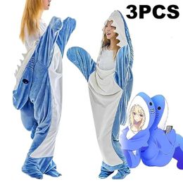 Blankets 3PCS Cartoon Shark Sleeping Bag Pyjamas Office Nap Wearable Loose Onesie Pyjamas Kids Blanket Adult Blanket 231113