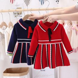 Girl's Dresses spring Girl Dress Children Clothes Kids es For s Party Bow stripe Knitted Sweater Toddler 231114