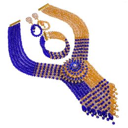 Necklace Earrings Set Exquisite Nigerian Bride Jewellery Royal Blue And Champagne African Wedding Girl XT-02