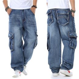 Men's Jeans Japan Style Brand Mens Straight Denim Cargo Pants Biker Jeans Men Baggy Loose Blue Jeans With Side Pockets Jeans Men 230414
