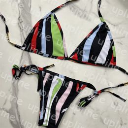 Colour Stripe Bikini Swimwear Women Sexy Low Waist Biquinis Summer Outdoor Lace Up Thong Swimsuit Designer Bathing Suit