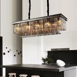 Pendant Lamps American Retro Straight E14 Led Lights Dining Table Gold Black Metal Lustre Crystal Lighting Chain Hanging Lamp