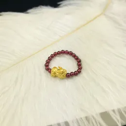 Cluster Rings Real 999 24K Yellow Gold Ring Women 3D Lovely Pixiu Baby With Garnet Beads / Weight 0.5g