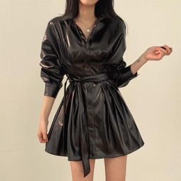 Women's Leather Autumn Korean Vintage Mid-length Pleated Black Faux PU Jacket Single-breasted Long Sleeve Female Casual Biker Outwear