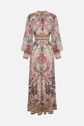 Casual Dresses 2023 Autumn/Winter Vintage Pink Flower Pattern Silk Print Gold Button Deep V-Neck Lantern Sleeve Long Dress Woman Maxi Skirt