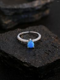 Cluster Rings Sterling 925 Silver Women's Ring With Natural Water Drop Zircon And Blue Opal Simple Versatile For Daily Or Couples Dating