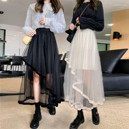 Skirts Black Irregular Patchwork Tulle Fairy Skirt High Waist Beige Midi Length Spring Summer 2023 Korean Fashion Women Trending