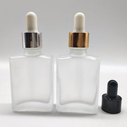 Empty Square Refillable Dropper Bottles Frosted Glass Makeup Cosmetics Packaging with Gold Silver Black Caps