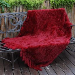 Blankets CX-D-20C Custom Size And Color Handmade Genuine Fur Knitted Blanket With Fringes Throw