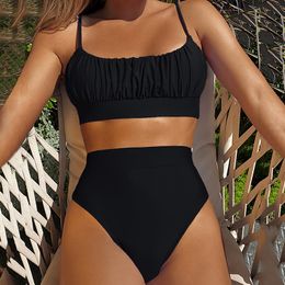 Women's Swimwear Ruched Bust High Waist Bikinis Swimsuits Women Push Up Swimwear Solid Bathing Suit Biquini Brazilian Bikini Beachwear 230414