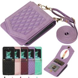 Crossbody Leather Magnetic Wallet Case For Samsung Galaxy Z Flip 5 4 3 5G Flip4 Flip5 Purse Cards Holder Case Lanyard Strap Cover with Makeup Mirror