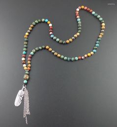 Pendant Necklaces Mixed Natural Stone Bead Long Boho Knotted Necklace Nepal Beads With Tibetan Silver Feather Handmade Artisan