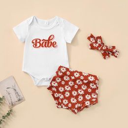 Clothing Sets 3 Pieces Baby Suit Set Letter Print Round Neck Short Sleeve Romper Daisy Shorts Headband For Girls 0-18 Months