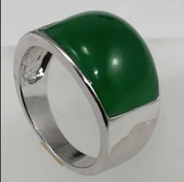 Cluster Rings Men's Fashion Simple Metal Plated Silver Long Wide Edge Dark Green Malay Jade Ring
