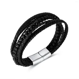 Link Bracelets Black Volcanic Stone Multi-layer Leather Bracelet Jewellery Hip Hop Handmade Stainless Steel Magnetic Button For Men 12mm