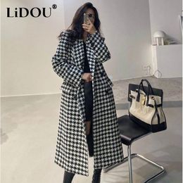 Womens Leather Faux Autumn Winter Korean Fashion Elegant Houndstooth Print Woollen Coat Ladies Loose Casual Allmatch Outwear Women Long Jacket Tops 231113