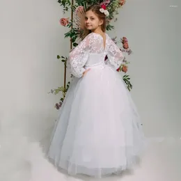 Girl Dresses Simple White Flower Dress Sparkling Pearls Beading For Wedding 2023 Princess A-Line Lace Long Sleeves First Communion Gown