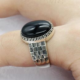 Cluster Rings Turkey Black Men Ring 925 Sterling Silver Big Onyx Stone Thai Vintage Style Finger For Male Women Punk Jewelry