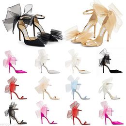 With BOX Luxury Designer Sandals women high heels Averly Pumps Aveline Sandal with Asymmetric Grosgrain Mesh Fascinator Bows Shoes Black good