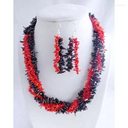 Necklace Earrings Set Charming Natural Red & Black Coral African Costume Jewellery Irregular Beads Sets Handmade 19"