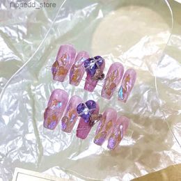 False Nails Luxury Rhinestone Purple False Nails Y2K Press On Nails Tips Handmade Medium Length Coffin Reusable Acrylic Fake Nail With Glue Q231114