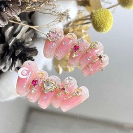 False Nails Pink Glitter Rhinestone False Nails Tips Anime Press On Nails Y2K Handmade Short Coffin Acrylic Fake Nail With Glue DIY Gift Q231114