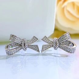 Stud Earrings Luxury Silver 925 Jewelry Bow Full White Crystal 2023 Fine For Woman Wedding Party Anniversary Gifts
