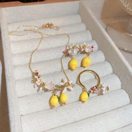Chains Sweet Yellow Color Lemon Pendant Necklaces For Women Girls White Spray Rhinestones Flower Choker Statement Daily Jewelry