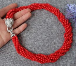 Chains Fashion 8strands Red Round Coral Beads Necklace With Zircon Leopard/cheetah Clasp