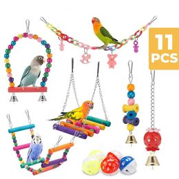 Other Bird Supplies 11Pcs Cage Toys for Parrots Wood Birds Swing Reliable Chewable Bite Bridge Wooden Beads Shape Parrot Toy 231113