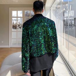 Men's Jackets Chic Niche Sequin Design Short Coat Colorblocked Patchwork Zipped Jacket 2023 Spring Casual Green Clothing