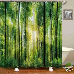 Shower Curtains 3D Forest Shower Curtain Green Plant Mountain Spring Water Shower Curtain Bathroom Waterproof Scenery Decorative Curtain R231114