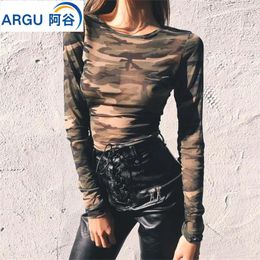 Women's Tanks Women Vintage Camouflage T Shirt Summer Sexy Tulle Long Sleeve Crop Tops Ladies Streetwear Basic Print O Neck Slim Tees